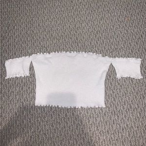 White elastic short sleeve off shoulder frill top